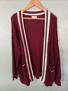 Universal Thread Maroon Waffle Knit Open Cardigan with Cream & Black Trim